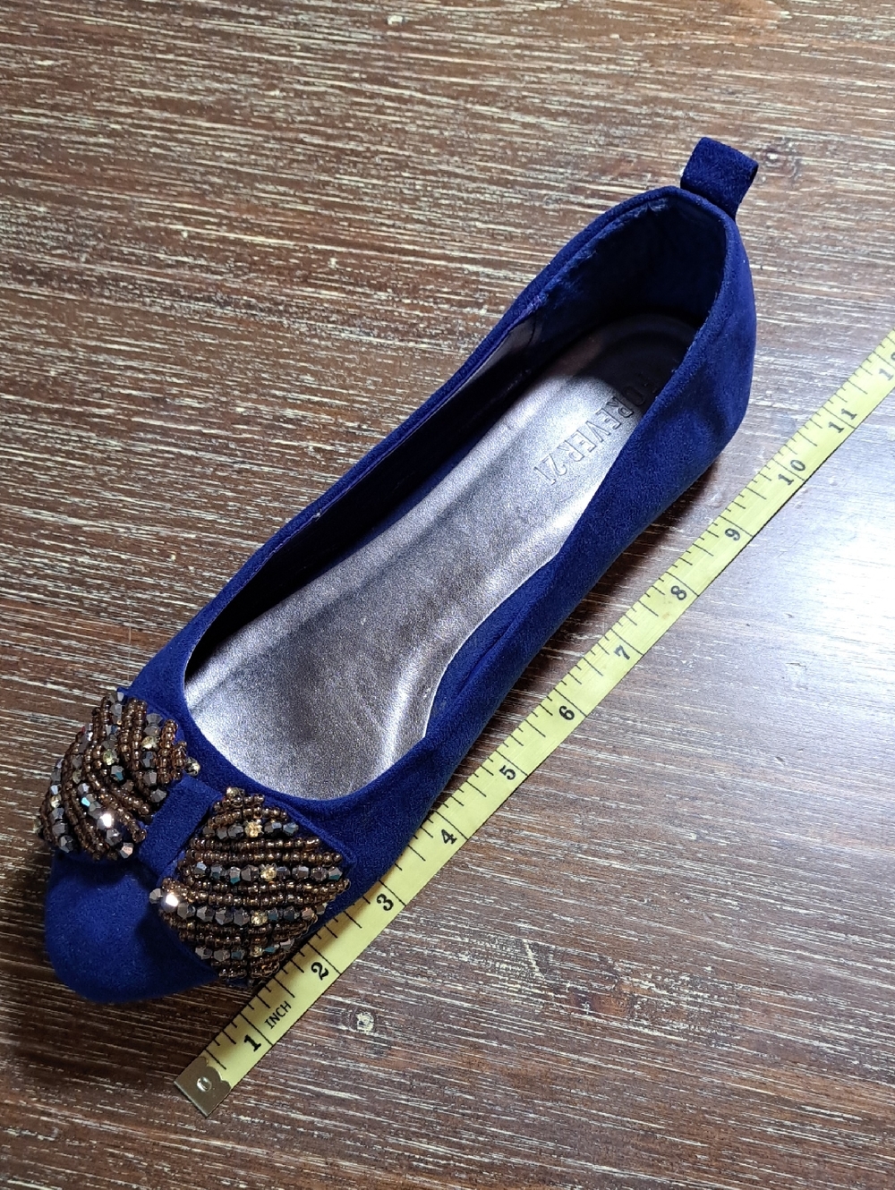 Forever 21 Shoes Women’s Cobalt Blue Faux Suede Flats Rhinestone Bow Size 9 - Picture 7 of 8